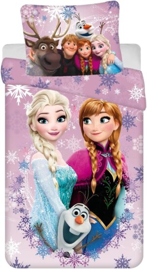Parure de lit enfant Disney La Reine des Neiges Anna et Elsa en 100 % coton violet