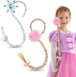 Perruque Elsa/Rapunzel à longue tresse avec couronne et fleurs