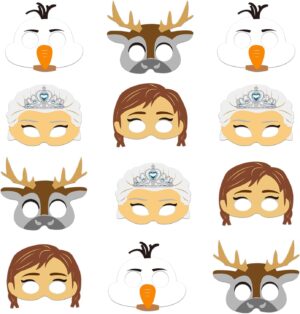 Masques La Reine des Neiges avec Elsa, Anna et Olaf, lot de 12