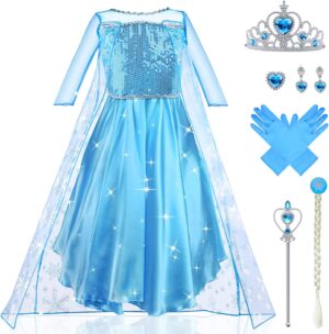 Déguisement Elsa La Reine des Neiges avec cape, couronne et baguette