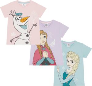 Lot de 3 tee-shirts Disney La Reine des Neiges en 100 % coton avec Elsa, Anna et Olaf