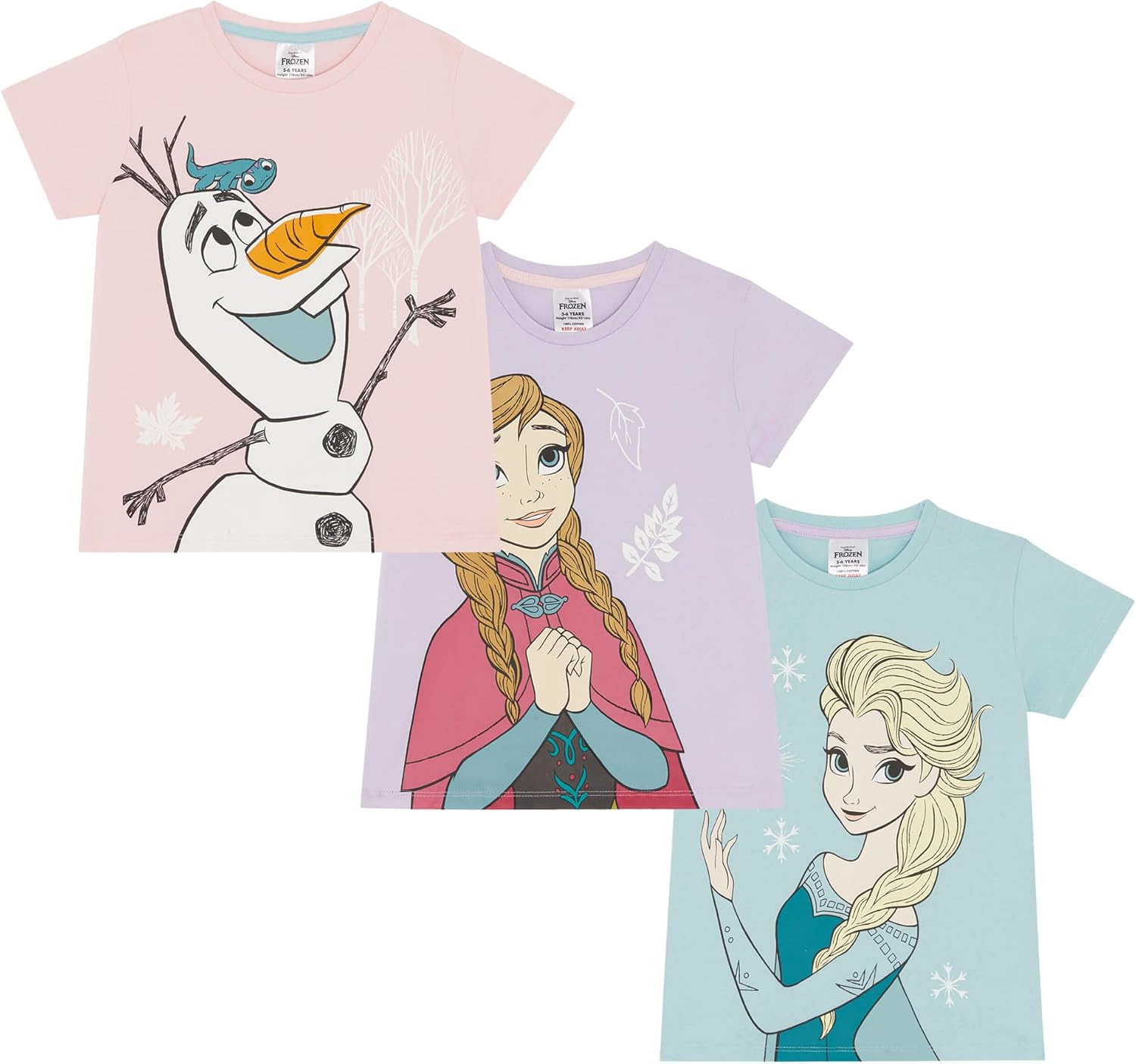 Lot de 3 tee-shirts Disney La Reine des Neiges en 100 % coton avec Elsa, Anna et Olaf