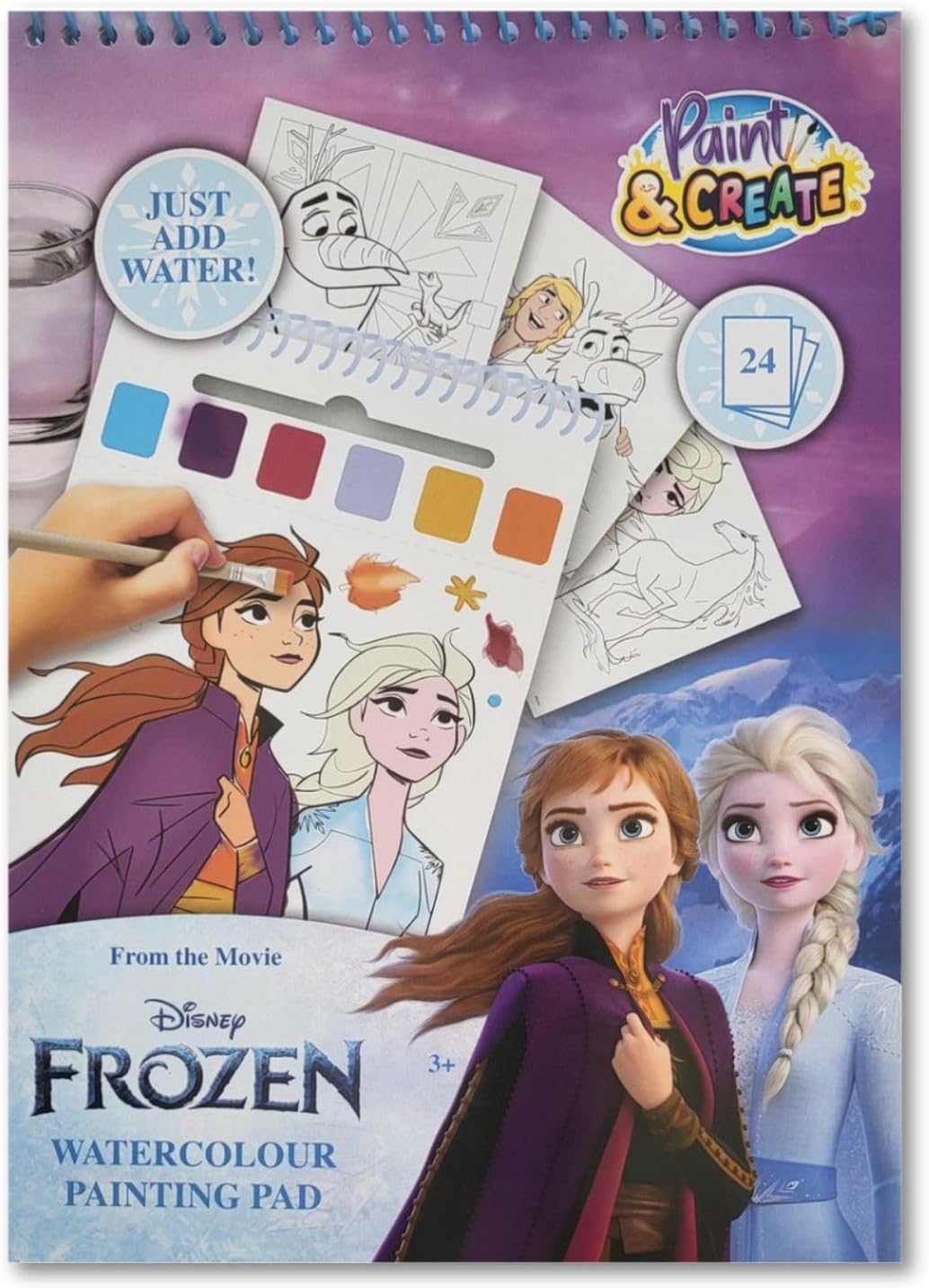 Livre d'aquarelle Disney Frozen Paint & Create 24 pages avec pinceau, Elsa & Anna