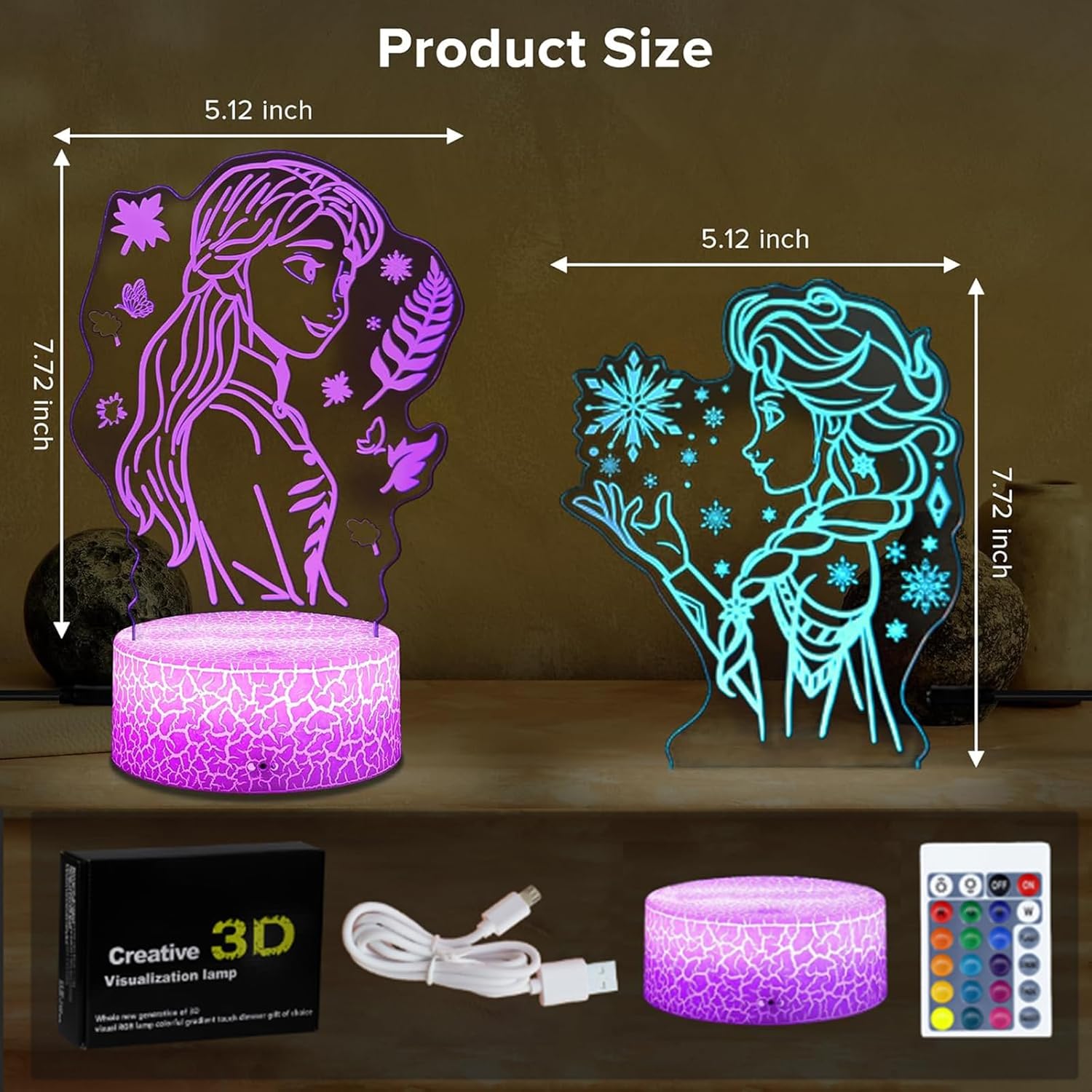 Veilleuse LED 3D Elsa Princesse en acrylique, 16 couleurs – Image 2