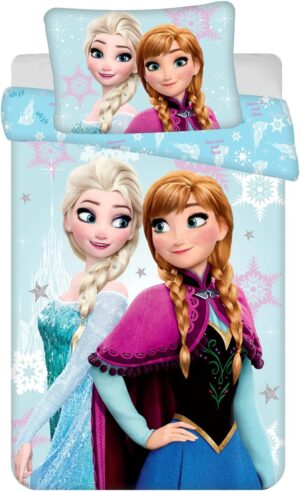 Parure de lit La Reine des Neiges bleu réversible Elsa et Anna en 100% coton