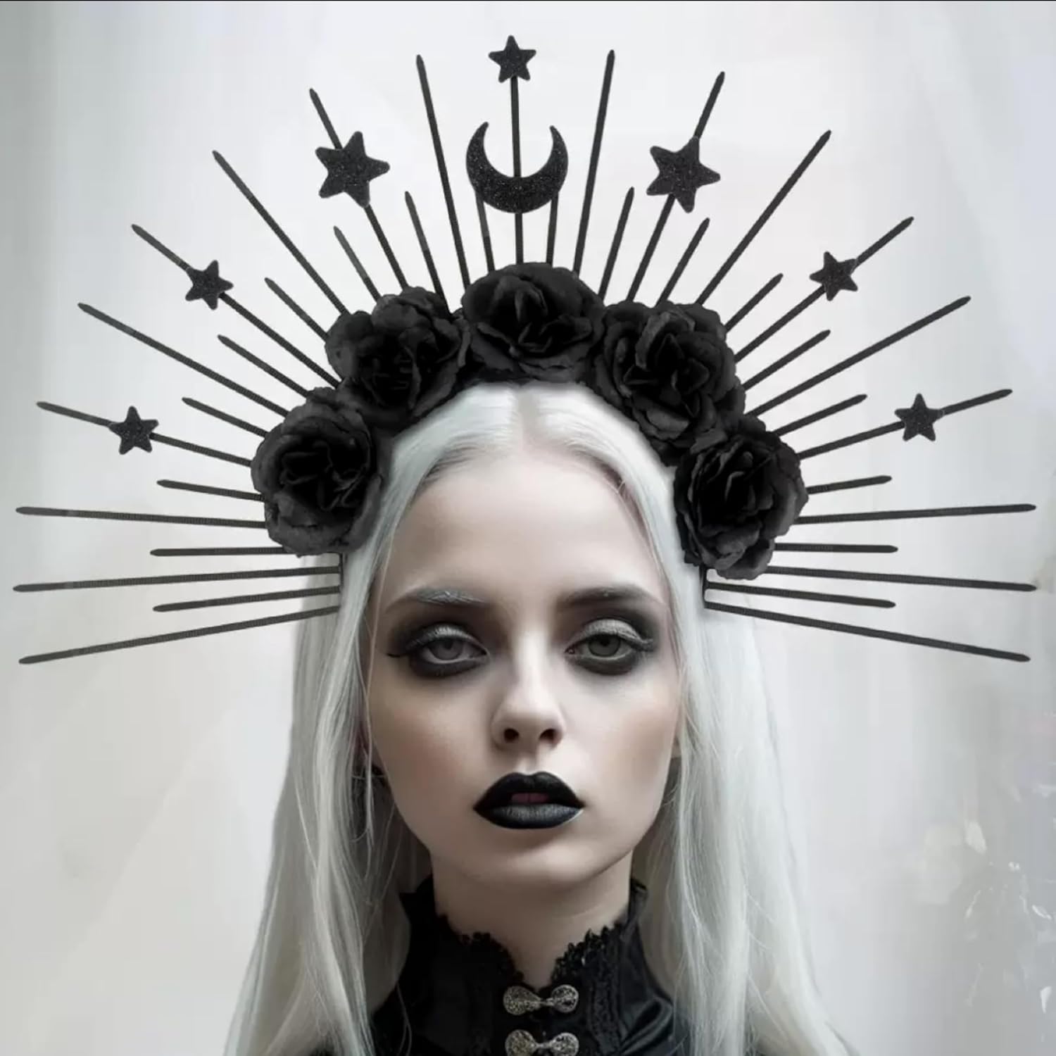 Bandeau gothique à roses et tête de mort noire, Déesse de la Reine des Neiges – Image 2