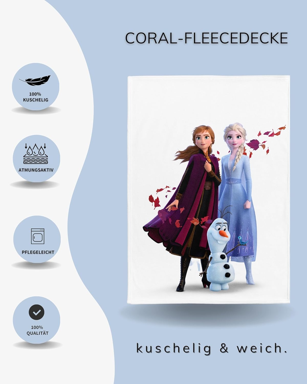 Plaid polaire corail La Reine des Neiges avec Anna, Elsa et Olaf, 130 x 170 cm – Image 3