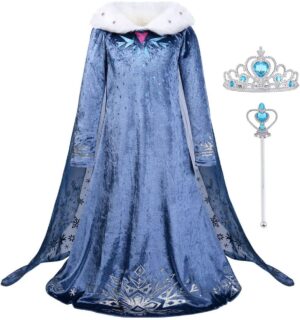 Robe Elsa La Reine des Neiges à manches longues avec couronne et baguette