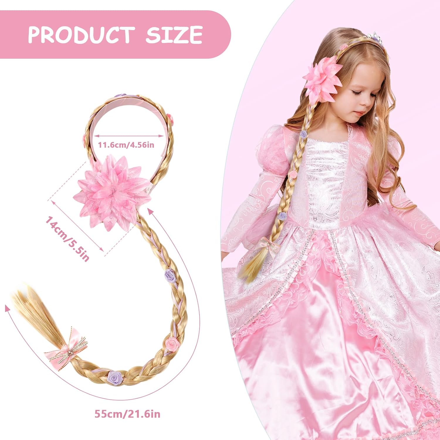 Perruque Elsa/Rapunzel à longue tresse avec couronne et fleurs – Image 4