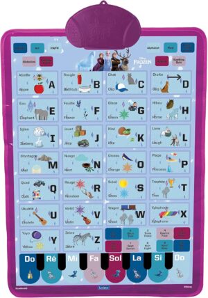 Poster éducatif bilingue La Reine des Neiges avec quiz et musique