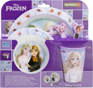 Coffret repas enfant micro-ondable lavable La Reine des Neiges avec bol, assiette, gobelet et couverts