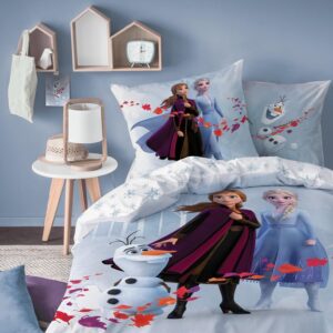 Parure de lit Disney Frozen Trio bleu en 100% coton avec Elsa, Anna et Olaf