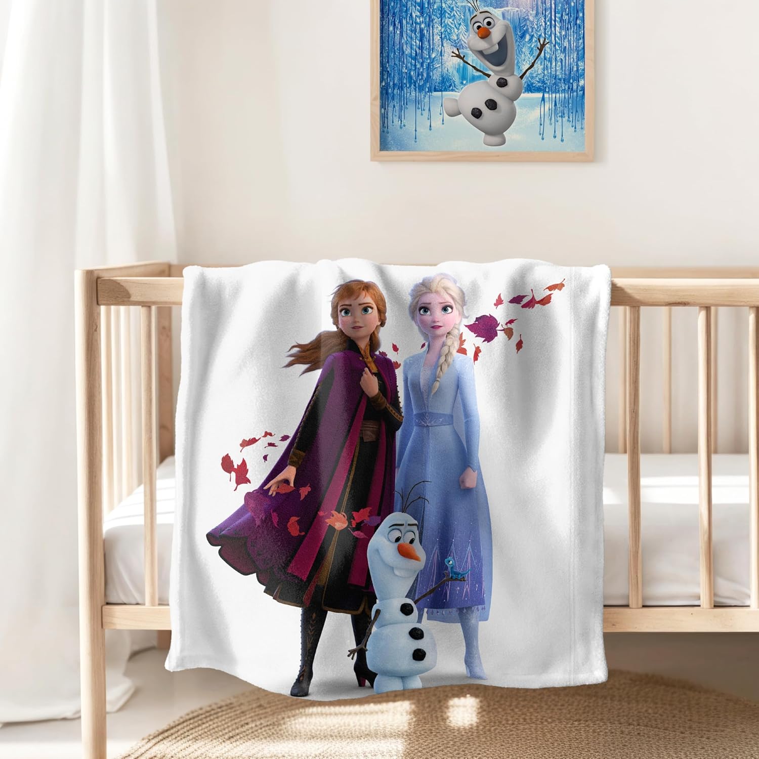Plaid polaire corail La Reine des Neiges avec Anna, Elsa et Olaf, 130 x 170 cm