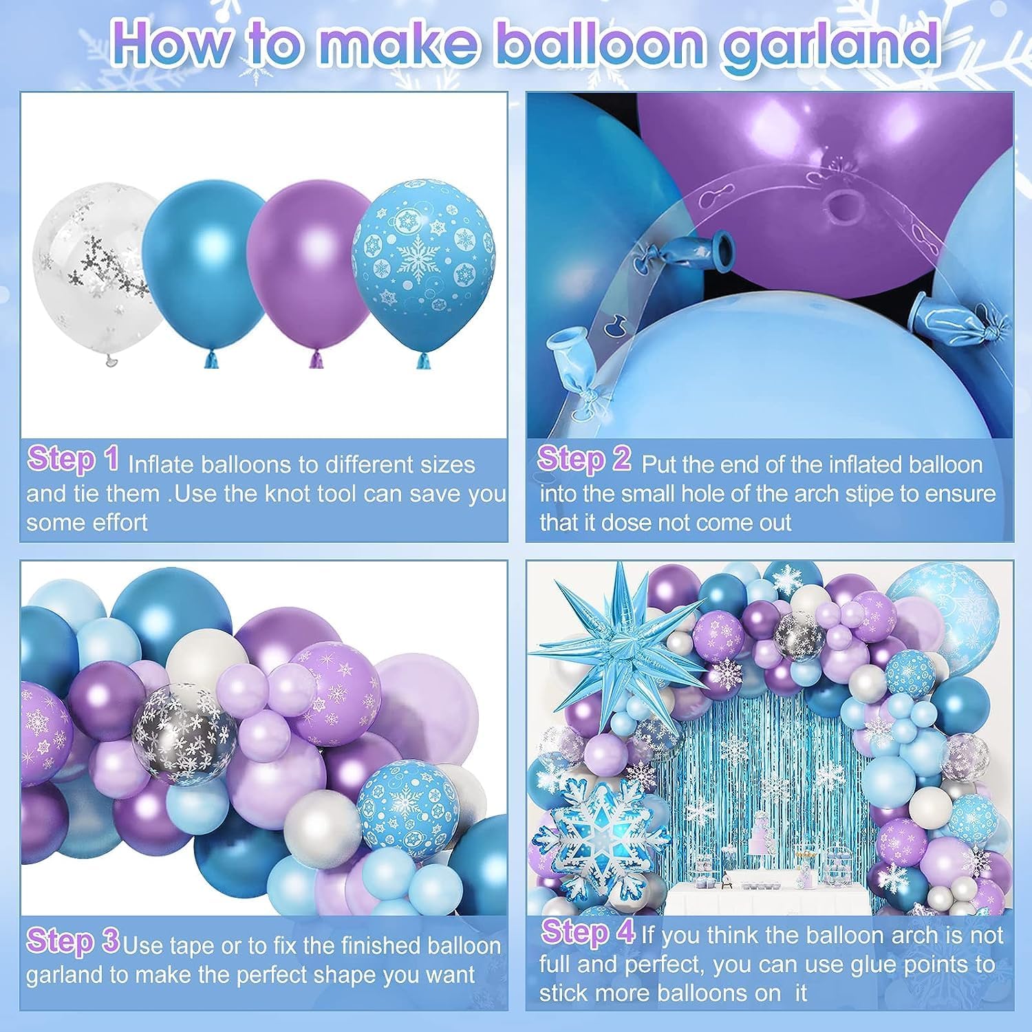 Kit de 162 ballons La Reine des Neiges bleu et violet avec flocons – Image 4