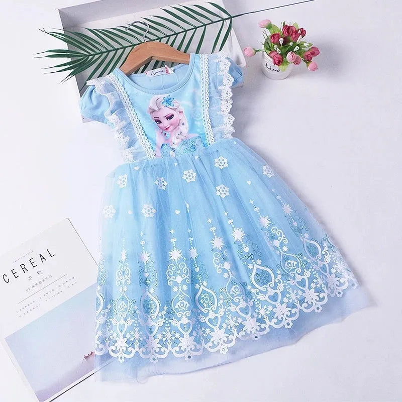Robe Reine des Neiges en dentelle, rose ou bleu