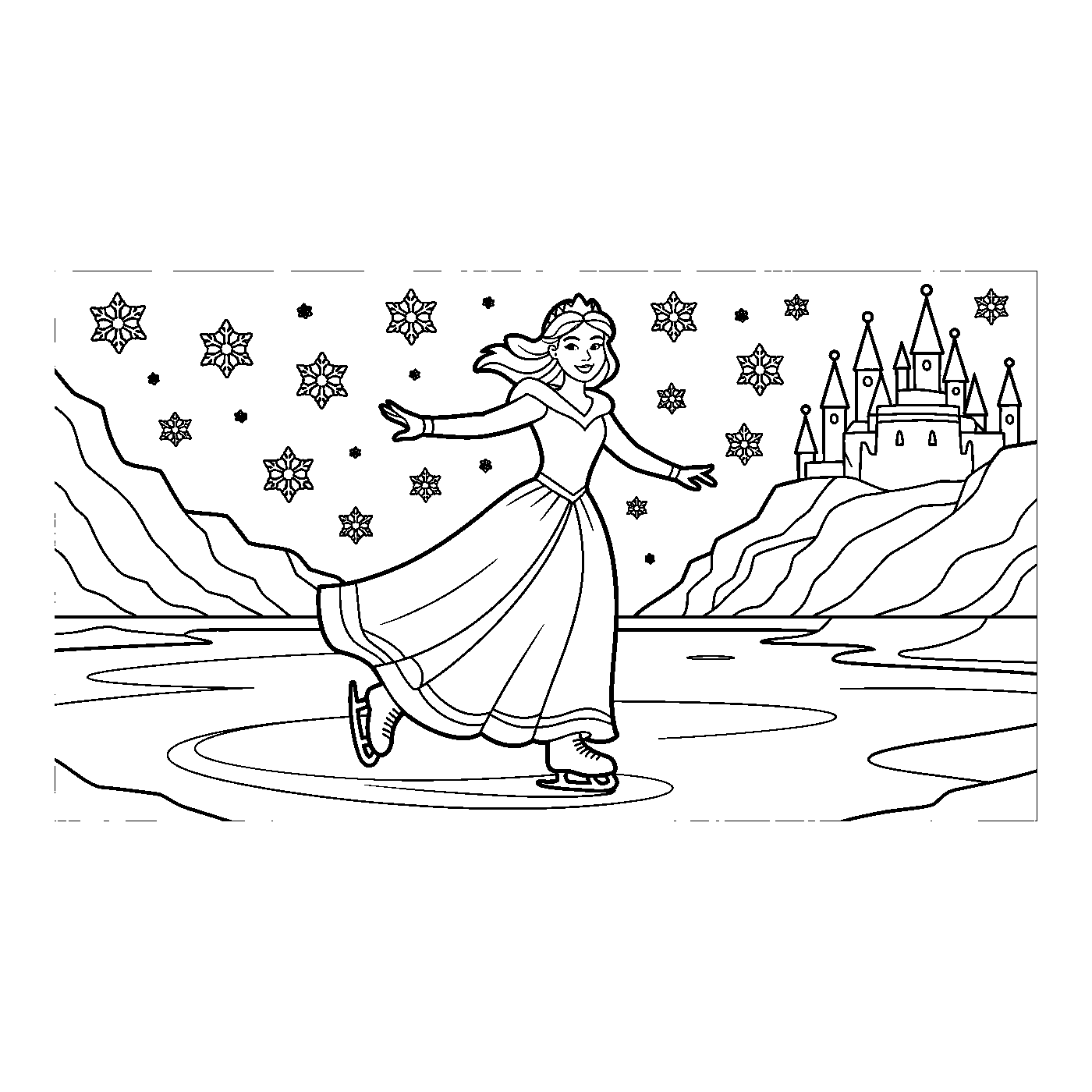 Coloriage Reine des Neiges gratuit à imprimer : Elsa devant son palais de glace